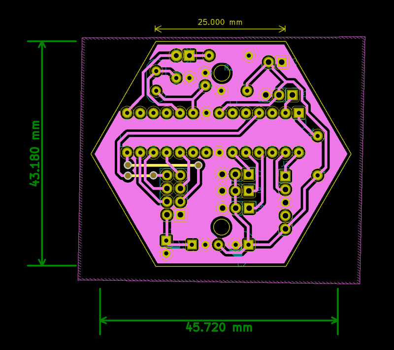 Design of the circuit board in KiCAD showing tracks and pad connections.