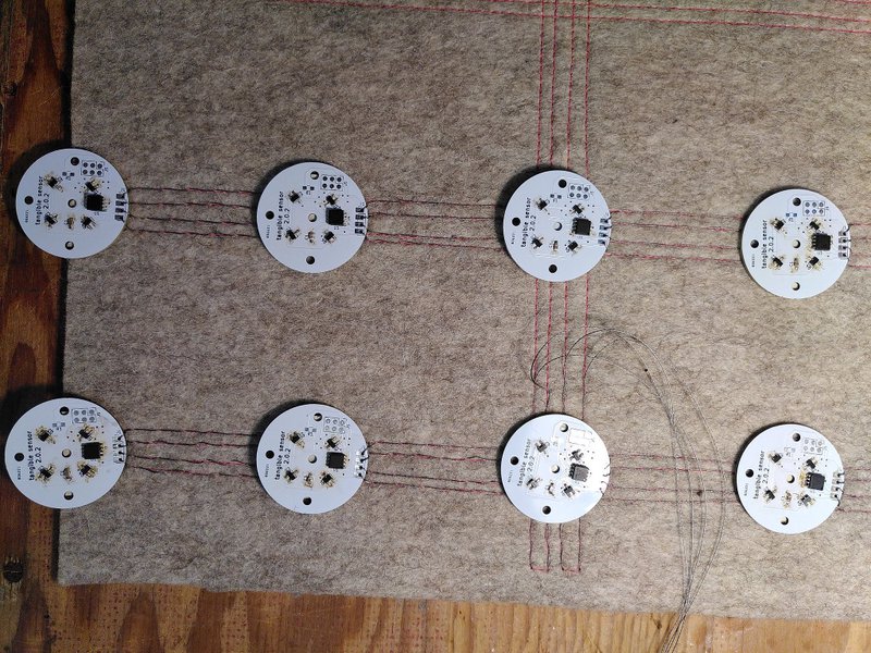 Eight sensors stitched in place