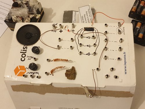 A white cardboard box with bits of french text, and a speaker, components, springs and wires.