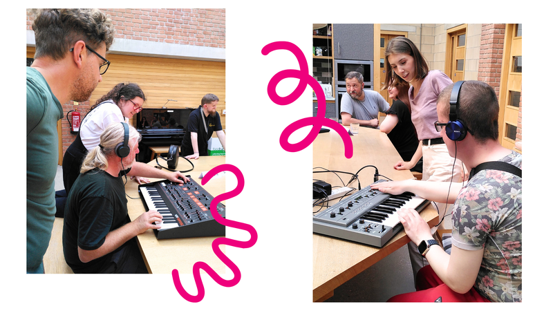 Two very similar photos, each with four people and one person playing a synth keyboard while wearing headphones. There are also abstract pink squiggles partly over each photo.