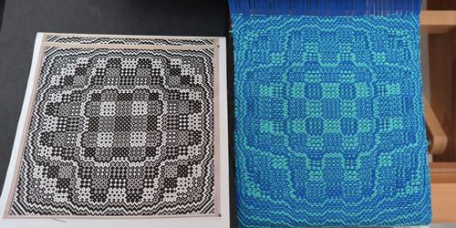 A binary (black and white) grid of a weaving draft on the left, and a weave following it on the right, in blue and peppermint yarn.
