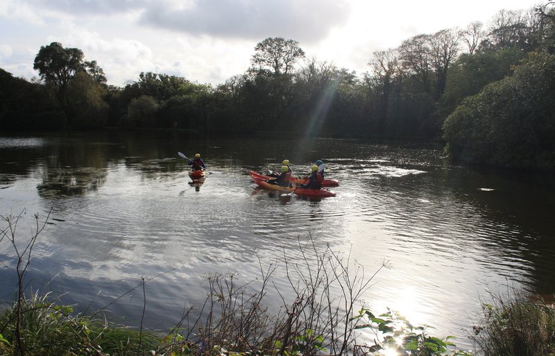Kayakers in a sunbeam at Clowance