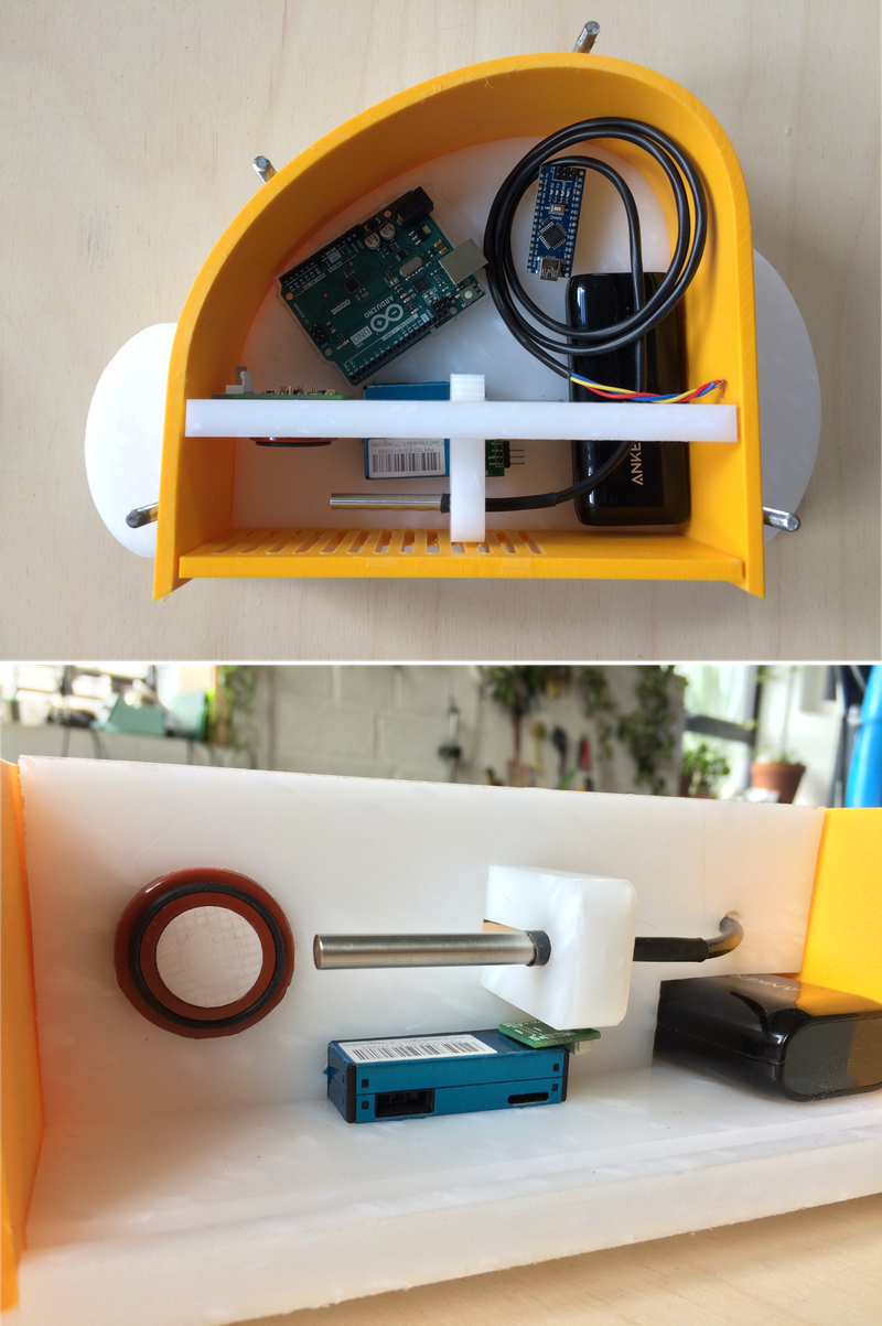 Photo of sensors and electronics sitting inside the plastic housing