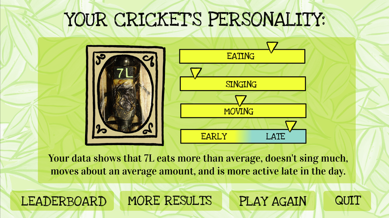 Screenshot of your cricket&#x27;s personality, showing that the cricket eats more than average, doesn&#x27;t sing much, moves about an average amount, and is more active late in the day