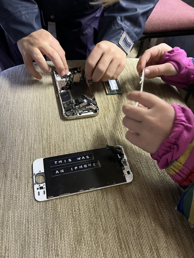 Remains of an iPhone being examined by small hands.