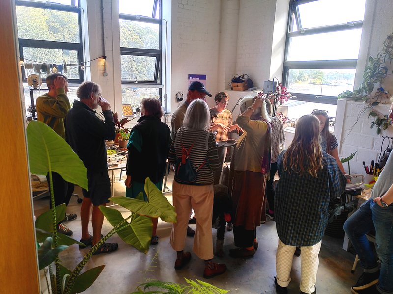 Eleven people in a studio with a view of the sea through the windows, and plants in the foreground.