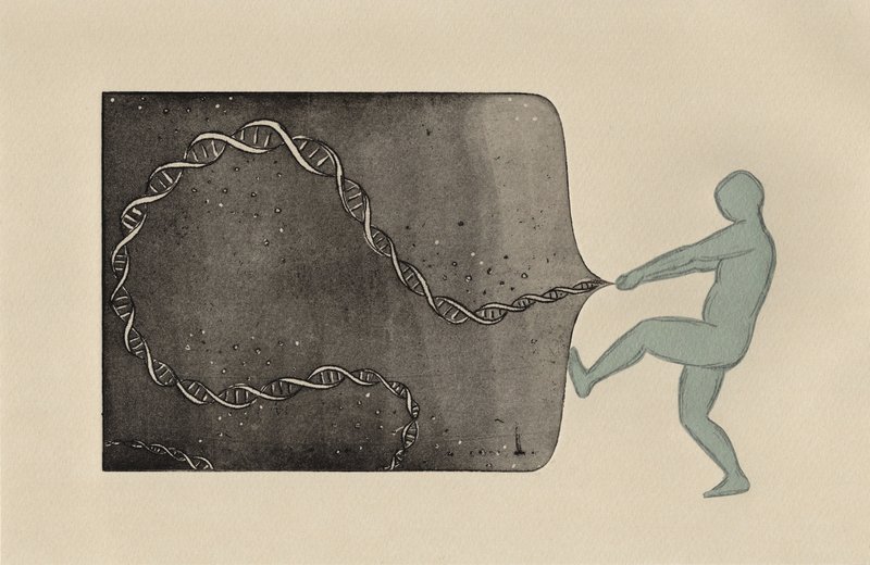 etching of a person pulling a strand of dna out of a scene