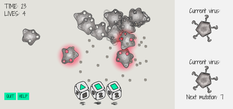 Screenshot of the online game, with rounded creatures, two viruses, and dice with different shapes