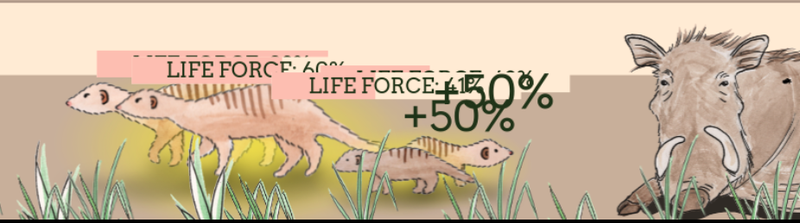 Screenshot of game, with some adult mongooses and pups, with life forces displayed above them - on the right is a large warthog