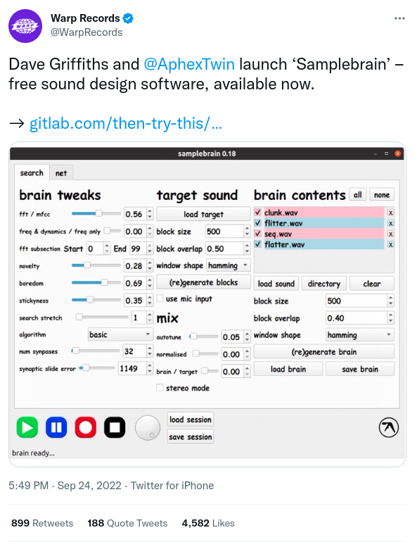 Screenshot of Warp Records tweet launching Samplebrain