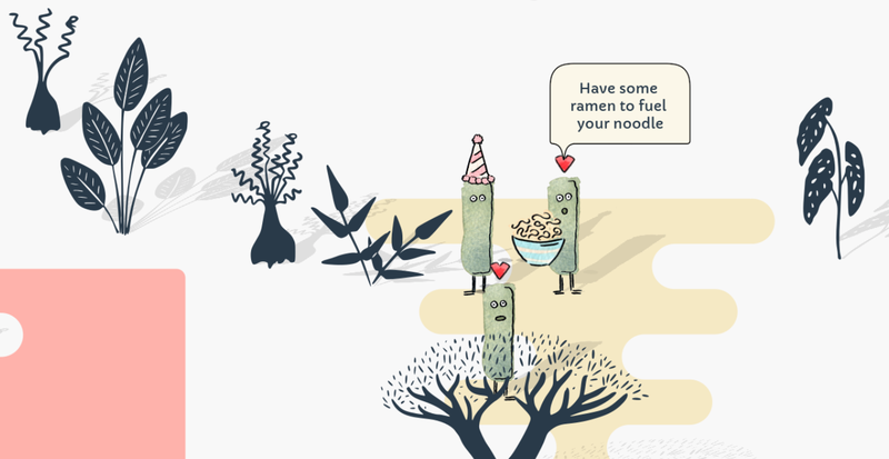 screenshot of nergal game, there is a stick shaped figure with a party hat on, being given some ramen by another character with a heart over its head