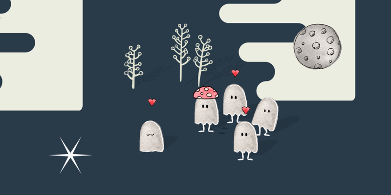 screen shot of night nergal game, there are five nergals on the screen, one wears a mushroom hat, three have hearts over them, there are strange plants, a star and the moon