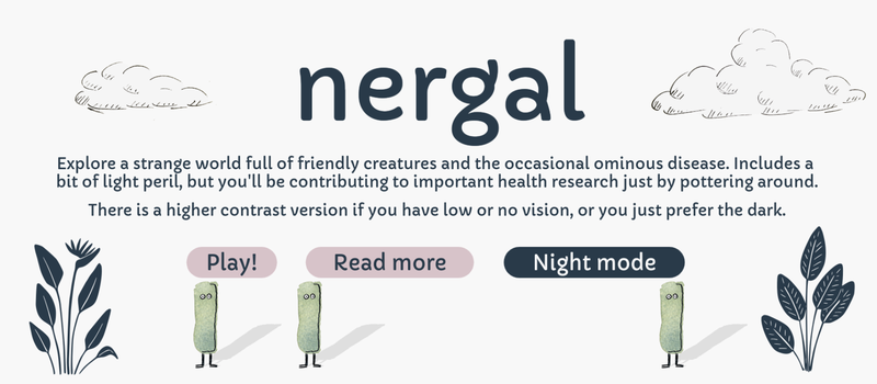 screenshot of front page of nergal, with 3 characters, some plants and clouds