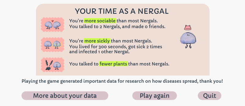 screenshot of nergal results page, this nergal was more sociable, more sickly and talked to fewer plants than most nergals