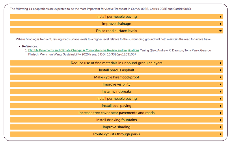 Screenshot showing 14 suggested adaptations for active transport in the selected area, one is expanded called &#x27;Raise road surface levels&#x27; to show an explanation and the scientific reference.