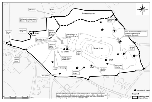 A map of the site with tracks, historical buildings and sites where rare minerals can be found marked.