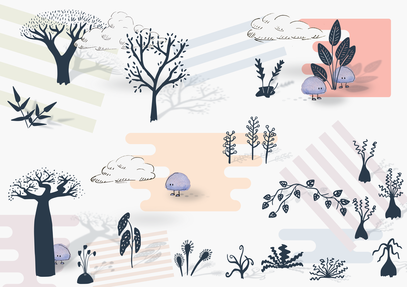illustrations of characters, plants, clouds
