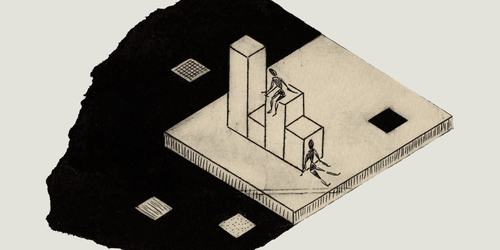 black ink print of people sitting on a bar graph