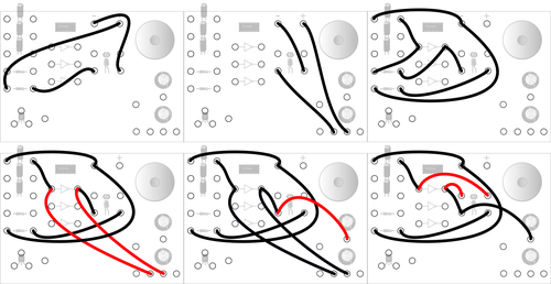 Six wiring diagrams with connections between springs indicated by bendy lines.