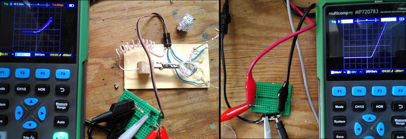 Pyrite crystal in curve tracer on the left and a silicon diode on the right, we see similar curves.