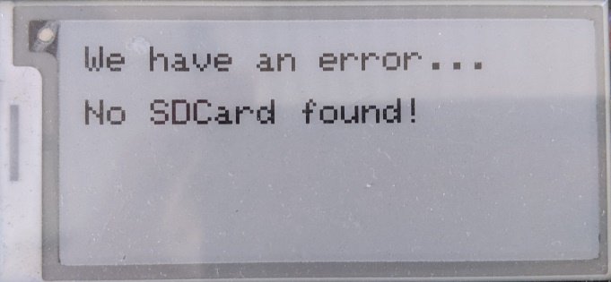 small black and white screen with text reading &#x27;we have an error... no SD card found!&#x27;