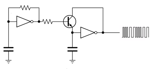 Two oscillators in a frequency modulation setup, with a resistor and transistor modulating the current that sets the frequency of the second ocillator.