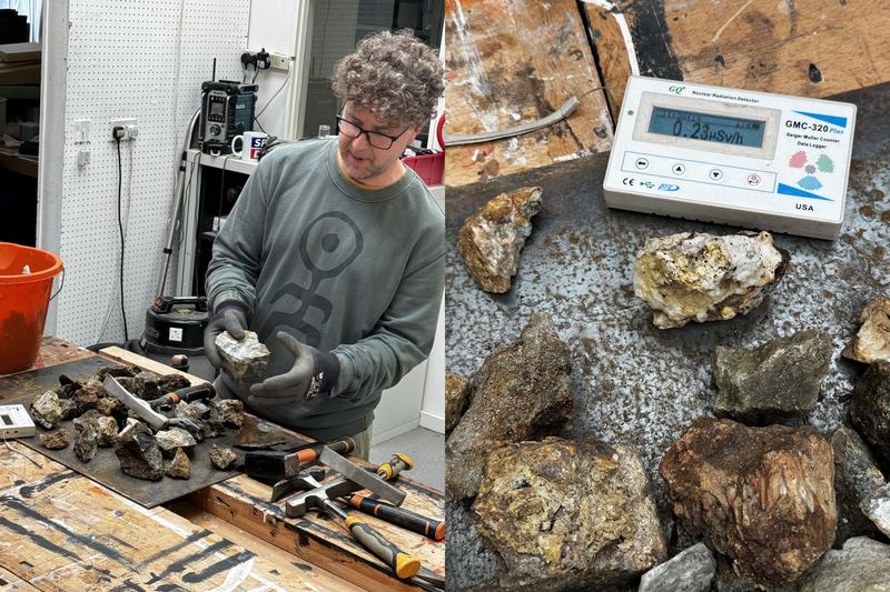 Dave holding a rock on the left and a Geiger counter with some rocks on the right
