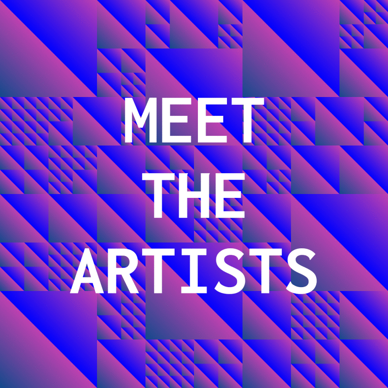 Meet The Artists text on blue and purple geometric background
