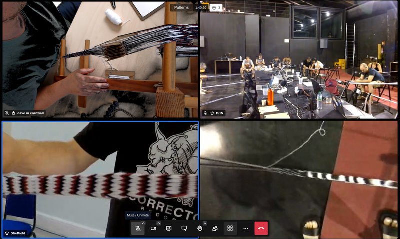 Workshop view in jitsi streaming, with views of a close up loom in Cornwall on the top left, group weaving in Barcelona top right and close ups of woven braids on the bottom two images.
