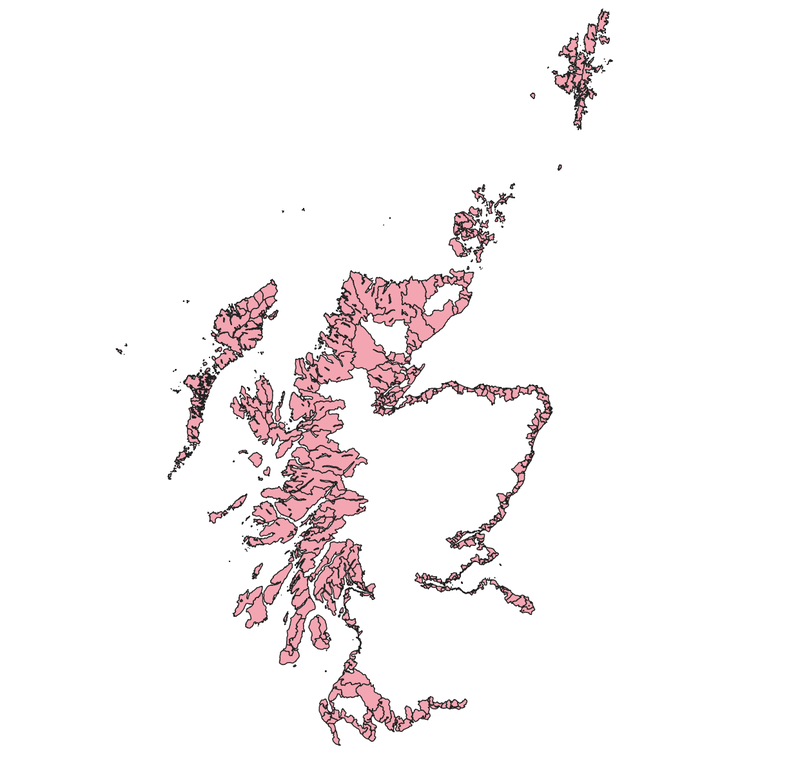 map of scotland showing data zones that are coastal - non coastal zones aren&#x27;t shown at all