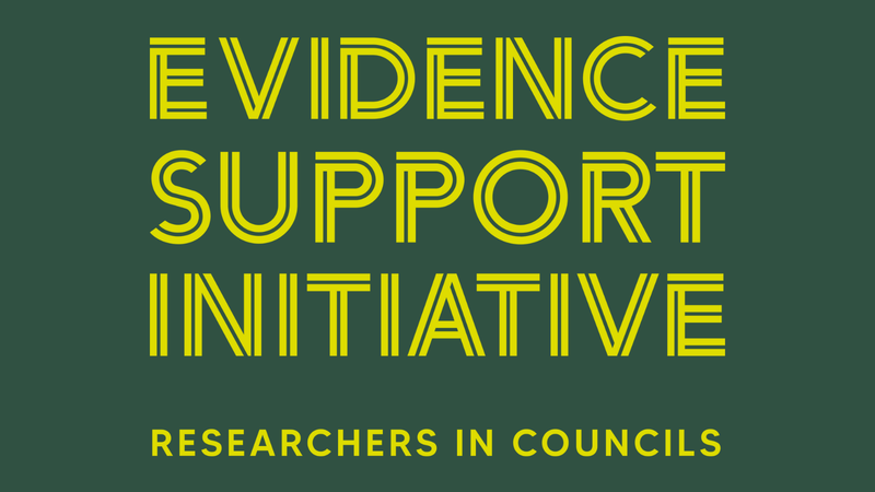 Dark green background with lime green font reading &#x27;evidence support initiative - researchers in councils&#x27;