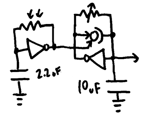 A schematic circuit diagram of combining two inverter oscillators through a crystal.