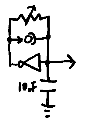 A schematic circuit diagram of an inverter, capacitor, variable resistor and DIY diode combined to create sound.